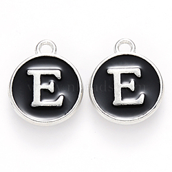Platinum Plated Alloy Charms, Cadmium Free & Lead Free, with Enamel, Enamelled Sequins, Flat Round with Letter, Letter.E, 14x12x2mm, Hole: 1.5mm(ENAM-S118-02E-P)