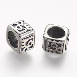 304 Stainless Steel Beads, Cube, Large Hole Beads, Antique Silver, 9.5x9.5x7mm, Hole: 6.5mm(STAS-A032-091AS)