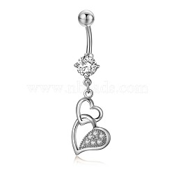 Piercing Jewelry, Brass Cubic Zirciona Navel Ring, Belly Rings, with 304 Stainless Steel Bar, Lead Free & Cadmium Free, Heart, Clear, 46mm, Pendant: 24x12.5mm, Bar: 14 Gauge(1.6mm), Bar Length: 3/8"(10mm)(AJEW-EE0006-64A-P)