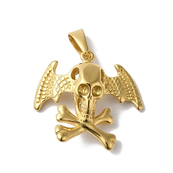 PVD Vacuum Plating 304 Stainless Steel Pendants, Skull with Wing Charm, Golden, 33x37x9mm, Hole: 10x4.5mm