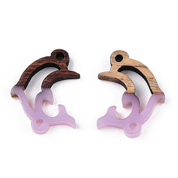 Opaque Resin & Walnut Wood Connector Charms, Dolphin Links, Plum, 14x18.5x3mm, Hole: 1.5mm