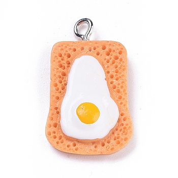 Resin Pendants, Imitation Food, with Platinum Plated Iron Screw Eye Pin Peg Bails, Bread with Fried Egg, Dark Orange, 24x14.5x4.2mm, Hole: 2mm