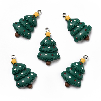 Opaque Resin Pendants, with Platinum Tone Iron Loops, Christams Tree, Dark Green, 32.5x20x5mm, Hole: 2mm