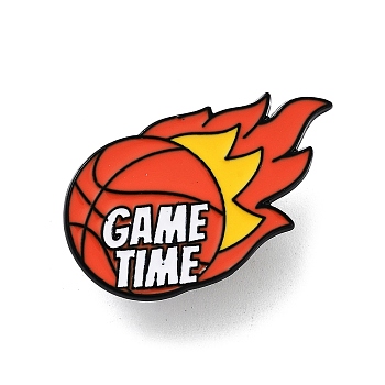 Basketball Theme Black Alloy Brooches, with Enamel, Orange, 32x19x1.5mm