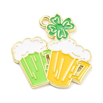 Saint Patrick's Day Alloy Enamel Pendants, Light Gold, Beer Cup, 25x26x1.5mm, Hole: 1.8mm