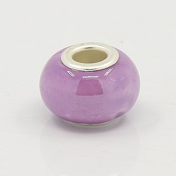 Handmade Porcelain European Beads, with Silver Color Brass Double Cores, Rondelle, Medium Orchid, 15x10~11mm, Hole: 5mm