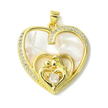 Mother's Day Real 18K Gold Plated Brass Micro Pave Clear Cubic Zirconia Pendants, with Shell, Real 18K Gold Plated, Heart, 28.5x27.5x6.5mm, Hole: 3.5x4.5mm