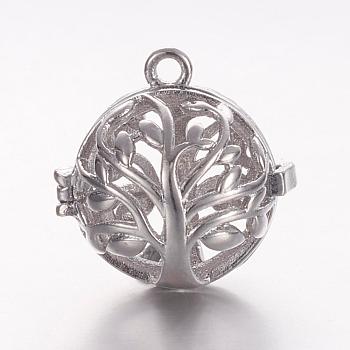 Brass Cage Pendants, For Chime Ball Pendant Necklaces Making, Hollow Round with Tree of Life, Platinum, 17x17.5x15mm, Hole: 1mm, Inner Diameter: 11.5mm