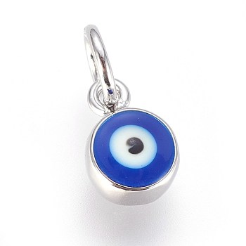 Enamel Brass Charms, with Jump Ring, Evil Eye, Blue, Platinum, 8x6x4mm, Hole: 3.5mm
