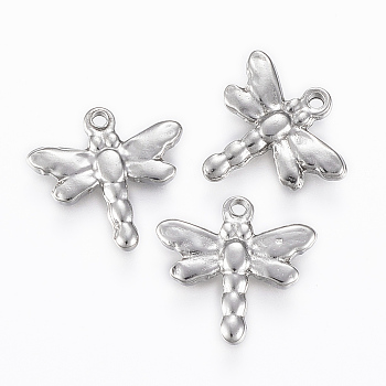 201 Stainless Steel Charms, Dragonfly, Stainless Steel Color, 15x16x2.5mm, Hole: 1.2mm
