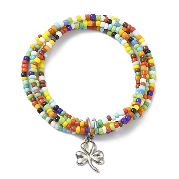 Glass Seed Beaded Multi Loops Warp Bracelets, with Tibetan Style Alloy Charms, Colorful, Inner Diameter: 2 inch(5.2cm)