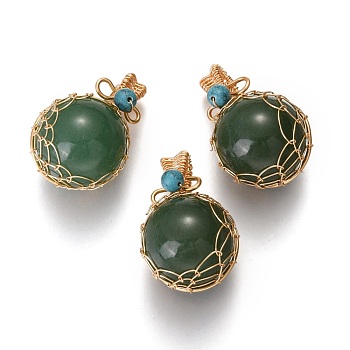 Natural Green Aventurine & Turquoise Pendants, with Golden Brass Findings, Round, 26.5~28x17~17.5x16.5mm, Hole: 3~5X2.5~3.5mm