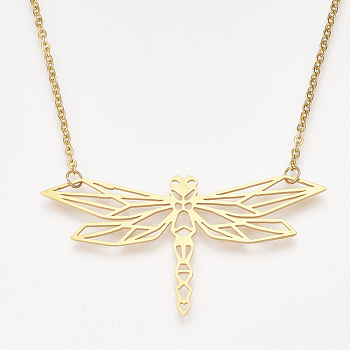 201 Stainless Steel Pendant Necklaces, with Cable Chains, Dragonfly, Golden, 18.5 inch(47cm), 2mm, Dragonfly: 31.5x59.5x1mm