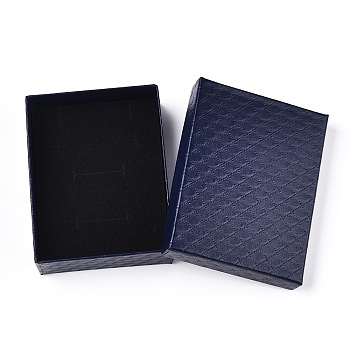 Rhombus Textured Cardboard Jewelry Boxes, with Black Sponge, for Jewelry Gift Packaging, Rectangle, Prussian Blue, 9x7x2.6cm; Inside: 8.3×6.4cm.