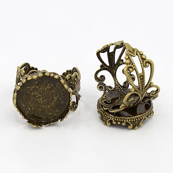 Adjustable Antique Bronze Tone Filigree Brass Ring Component Cabochon Settings, Tray: 15mm, 18mm