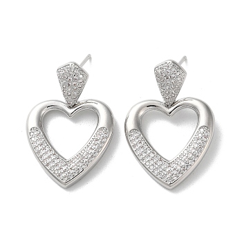 Brass Pave Cubic Zirconia Stud Earrings, Heart with Hollow Heart, Platinum, 30.5x20mm