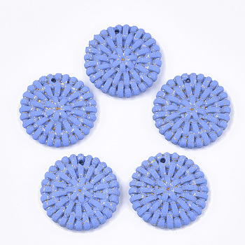 Resin Pendants, Imitation Woven Rattan Pattern, Flat Round, Cornflower Blue, 19x4~4.5mm, Hole: 1.2mm