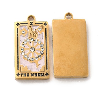 304 Stainless Steel Pendants, with Enamel and Rhinestone, Golden, Rectangle with Tarot Pattern, The Wheel of Fortune X, Pink, 21x10.5x2mm, Hole: 1.5mm