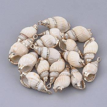 Electroplate Spiral Shell Pendants, with Iron Findings, Golden, Seashell Color, 19~29x9~13x8~10mm, Hole: 1.6mm