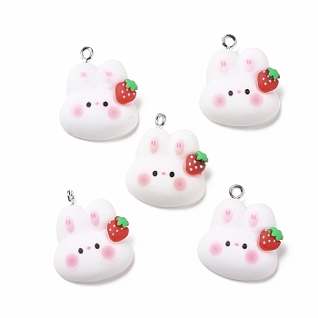 Resin Pendants, with Platinum Iron Findings, Cute, Rabbit with Strawberry, White, 23.5x20.5x7.5mm, Hole: 2mm