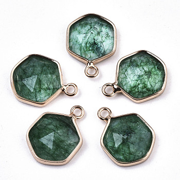 Glass Charms, with Light Gold Tone Brass Findings, Hexagon, Faceted, Sea Green, 15x11x4.5mm, Hole: 1.5mm