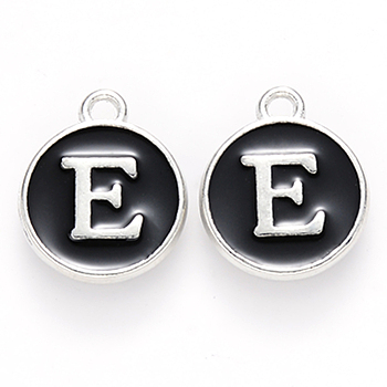 Platinum Plated Alloy Charms, Cadmium Free & Lead Free, with Enamel, Enamelled Sequins, Flat Round with Letter, Letter.E, 14x12x2mm, Hole: 1.5mm
