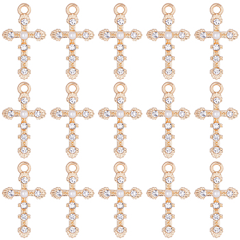 30Pcs Alloy Rhinestone Pendants, with Plastic Imitation Pearl Beaded, Cross Charms, Light Gold, 26x15x4mm, Hole: 2mm