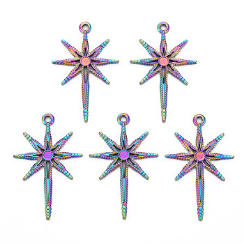 201 Stainless Steel Pendants, 8 Pointed Star, Rainbow Color, 39.5x25x1.5mm, Hole: 2mm