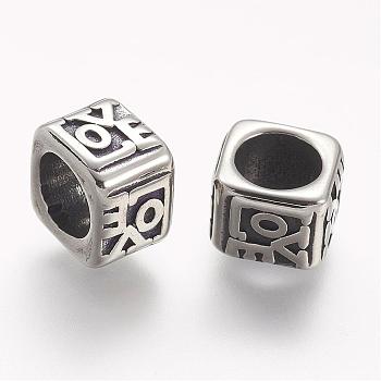 304 Stainless Steel Beads, Cube, Large Hole Beads, Antique Silver, 9.5x9.5x7mm, Hole: 6.5mm