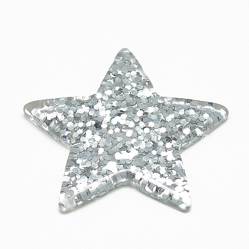Resin Cabochons, with Glitter Powder, Star, Silver, 37.5x39~40x4~5mm