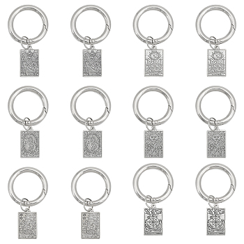 Tarot Theme Alloy Shoe Charms, with Alloy Spring Gate Rings, Rectangle with The Star XVII/The Wheel of Fortune X/The Moon XVIII Pattern, Antique Silver & Platinum, 53mm, 6 style, 2pcs/style, 12pcs/set