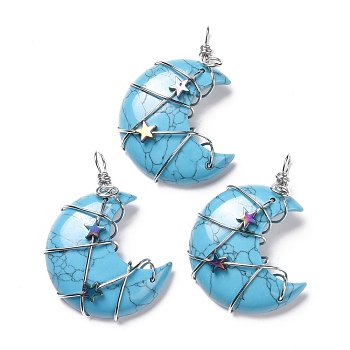 Synthetic Turquoise Pendants, with Platinum Tone Brass Wire Wrapped and Hematite Star Beads, Cadmium Free & Lead Free, Moon, 45.5~47x32.5~33.5x11~12mm, Hole: 5mm