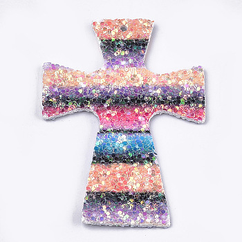 PU Leather Big Pendants, with Sequins, Cross, Colorful, 58x39.5x2mm, Hole: 2mm