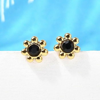 304 Stainless Steel Stud Earrings, with Rhinestone, Ion Plating(IP), Flower, Real 18K Gold Plated, 6mm