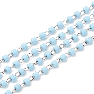 TOHO Japan Import Seed Beads, Handmade Glass Beaded Chains, Soldered, with Spool, Stainless Steel Findings, Column, Stainless Steel Color, Light Sky Blue, 2mm, about 26.24 Feet(8m)/roll(CHS-S003-05C)