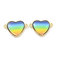 Rack Plating Brass Pave Rainbow Color Resin Connector Charms, Real 18K Gold Plated, Cadmium Free & Lead Free, Heart, 13.5x19x4mm, Hole: 1.4mm(KK-M290-03B-G)