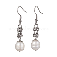Oval Natural Pearl Dangle Earrings, Stainless Steel Color, 46x9mm(EJEW-JE05614-02)