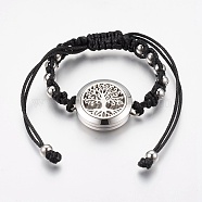 304 Stainless Steel Essential Oil Braided Bead Bracelets, with Waxed Cords, Tree of Life, Stainless Steel Color, 1-7/8 inch(4.7cm)~2-1/2 inch(6.3cm)(BJEW-WH0003-01)