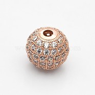 CZ Brass Micro Pave Grade AAA Clear Color Cubic Zirconia Round Beads, Cadmium Free & Nickel Free & Lead Free, Rose Gold, 12mm, Hole: 2mm(KK-O065-12mm-05RG-NR)