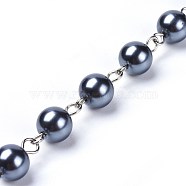 Handmade Dyed Glass Pearl Beaded Chains, Unwelded, with Iron Eye Pin, Platinum, Prussian Blue, 39.37 inch, 1m/strand(AJEW-JB00485-03)