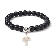 Synthetic Black Stone Round Beaded Stretch Bracelet, with Synthetic Turquoise Cross Charms, White, Inner Diameter: 2-1/8 inch(5.5cm)(BJEW-JB09745-02)