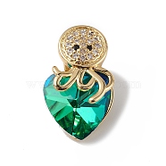 Real 18K Gold Plated Rack Plating Brass Micro Pave Cubic Zirconia Pendants, with Glass, Long-Lasting Plated, Cadmium Free & Lead Free, Octopus & Heart, Green, 20x11.5x10mm, Hole: 4x4mm(KK-C015-25G-13)