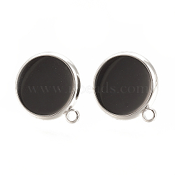 Brass Stud Earring Findings, with Enamel and Loop, Flat Round, Nickel Free, Real Platinum Plated, Black, 16.5x14mm, Hole: 1.5mm, Pin: 0.7mm(X-KK-S345-270A-P)