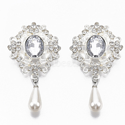 Alloy Cabochons, with Acrylic Rhinestone and Crystal Rhinestone & ABS Plastic Imitation Pearl Beads, Faceted, Flower, Silver, 54x29x5mm(X-RB-R059-04)