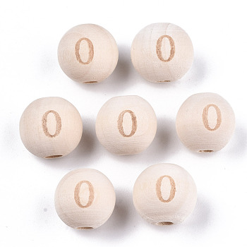 Unfinished Natural Wood European Beads, Large Hole Beads, Laser Engraved Pattern, Round with Number, Num.0, 15~16x14~15mm, Hole: 4mm