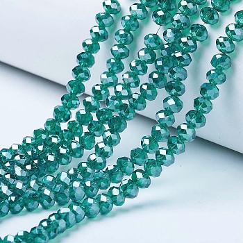 Electroplate Glass Beads Strands, Pearl Luster Plated, Faceted, Rondelle, Dark Cyan, 4x3mm, Hole: 0.4mm, about 123~127pcs/strand, 16.5~16.9 inch(42~43cm)