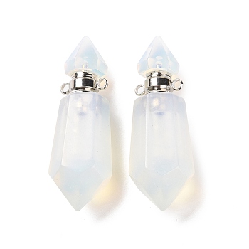 Faceted Opalite Perfume Bottle Pendants, with Platinum Tone Brass Findings, Cadmium Free & Lead Free, Bullet, 42~44x13x13mm, Inner Diameter: 3.5mm, Hole: 1.6mm