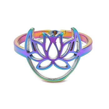 Ion Plating(IP) 304 Stainless Steel Hollow Lotus Adjustable Ring for Women, Rainbow Color, US Size 6(16.5mm)