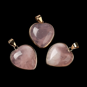 Natural Rose Quartz Pendants, Heart Charms, with Golden Tone Iron and Brass Findings, 29x24~24.5x6~6.5mm, Hole: 7~7.3x3.8~4.3mm