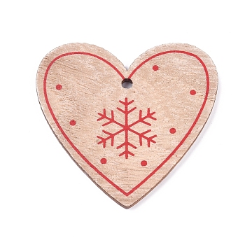 Poplar Wood Pendants, Heart with Snowflake, for Christmas, Dyed, BurlyWood, 48x49.5x2.5mm, Hole: 3mm